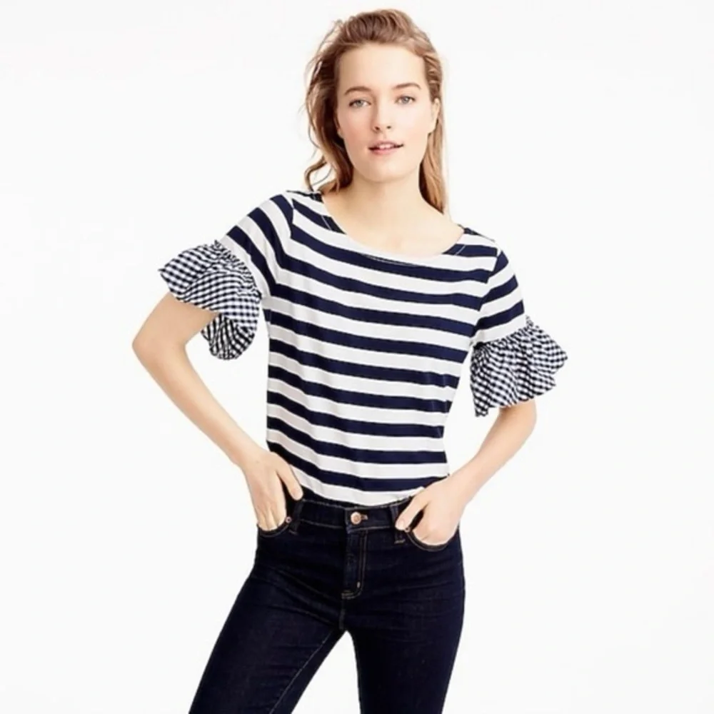 J. CREW Navy and White Striped Short Sleeve Tee Gingham Sleeve Size Large GUC